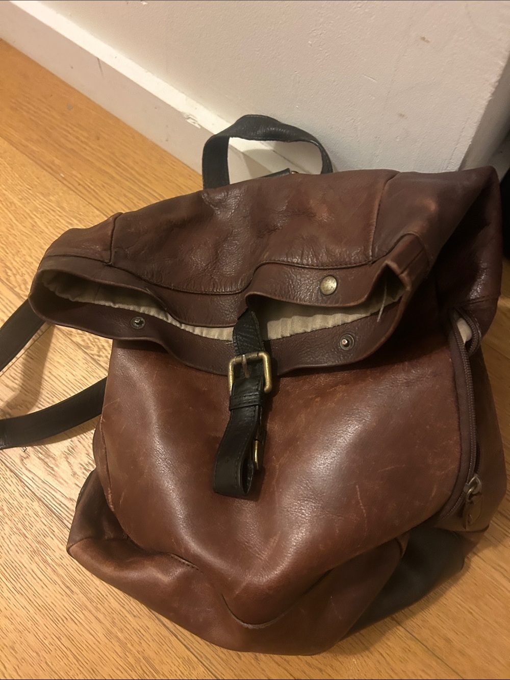 Classic Brown Leather Backpack with Black Strap